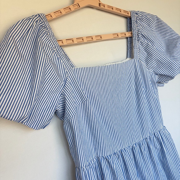 J. Crew Midi Dress Sz 8 Blue White Stripe Cotton Tiered Puff Sleeve SU24 Cottage - Picture 3 of 15